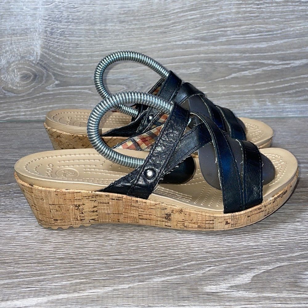Crocs A-Leigh Cork Wedge Black Leather Strappy Women’s Size 9 Slip On Sandals